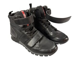 Prada Linea Rossa Mens Black Leather Nylon High Top Zip Sneakers 4T 3120 Size 8